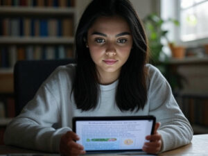 Estudante aprendendo inglês online com suporte em português