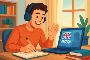 Aluno engajado em aula com professor de inglês online